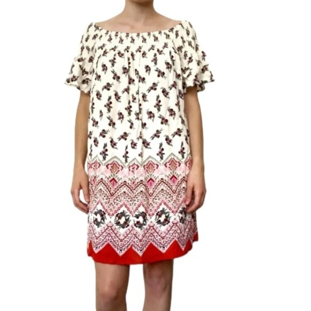 Sandy & Sid Cream Floral Smock Off Shoulder Boho Dress SKU196